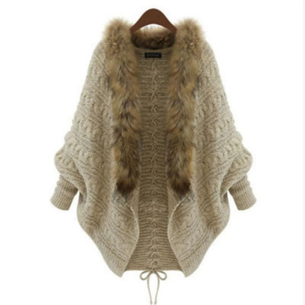 ZARA Luxury Womens Batwing Sleeve Faux Fur Collar Knit Cardigan Urban Trendy